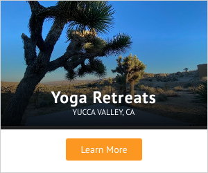 Yucca Valley Yoga Retreats banner ad with view of Joshua Trees and yoga deck